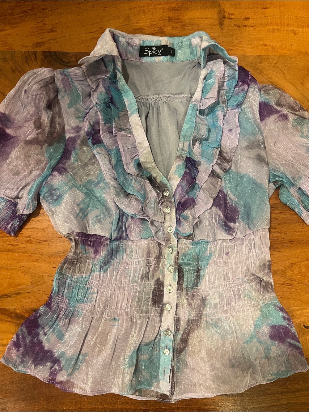 Spicy Ruffle Button-Front Blouse in Lavender & Teal